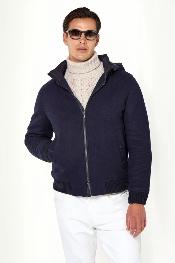 blue hooded bomber, men's hooded bomber, italian hooded bomber, blue bomber jacket, luxury men's bomber, elegant men's bomber, refined hooded bomber, tailored blue bomber, premium italian bomber, sophisticated men's bomber, timeless italian bomber, upscale men's bomber, classic blue bomber, italian craftsmanship bomber, premium men's blue bomber, refined italian bomber
